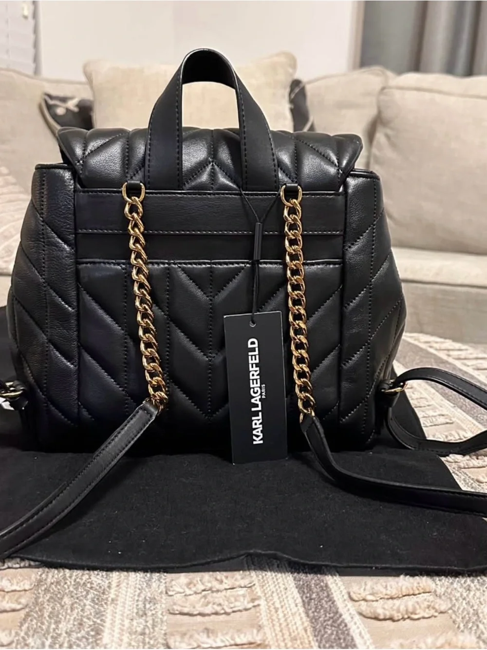 Karl Lagerfeld Black Quilted Leather Backpack with Gold Hardware